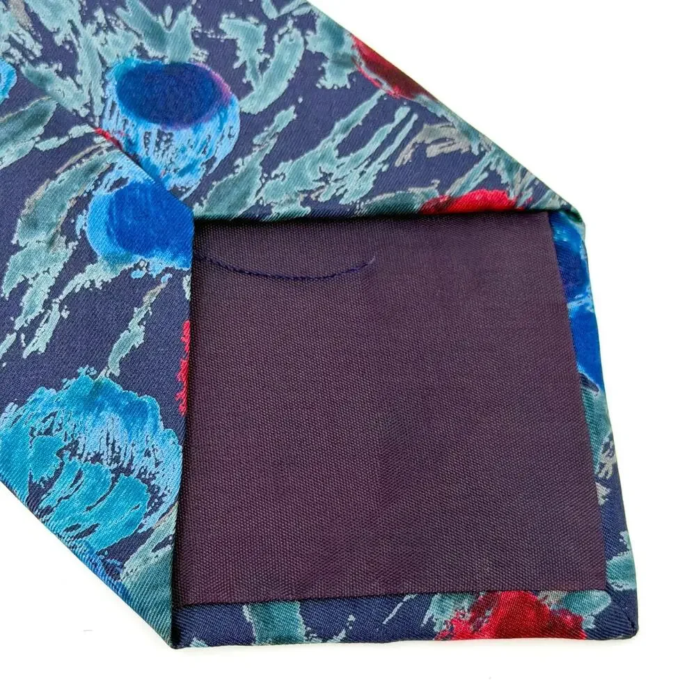 Vintage 90s Oleg Cassini Blue Red 100% Silk Floral Necktie